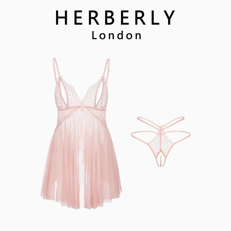 英国 HERBERLY 性感蕾丝纯欲风吊带睡裙女情侣趣味冰丝情调睡衣
