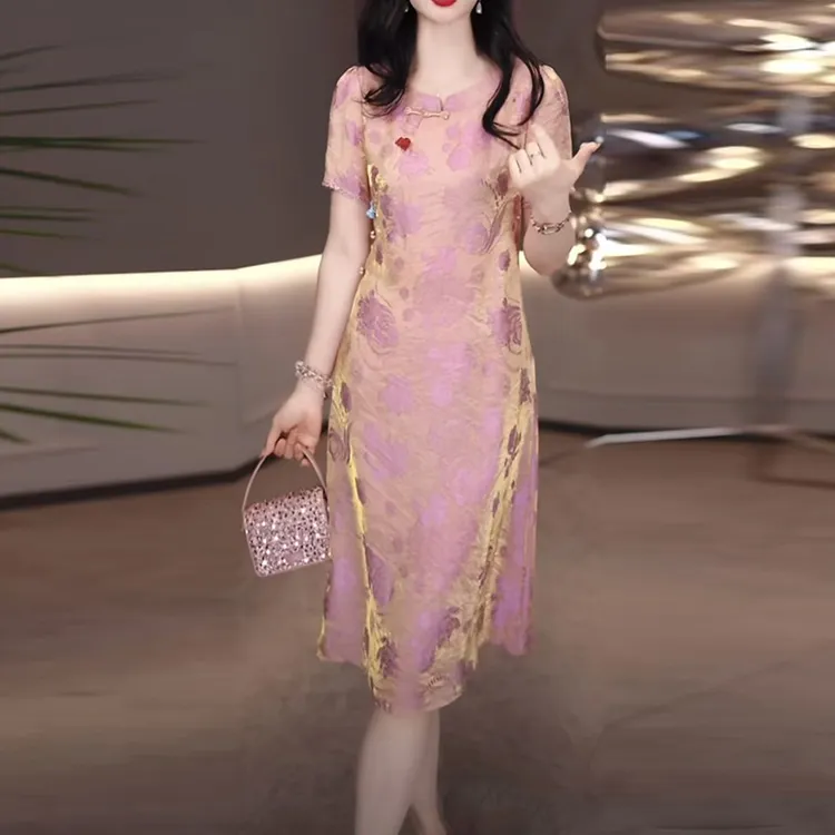 通孔提花罗中国风衣服2025夏季新款时尚圆领复古盘扣修身连衣裙子