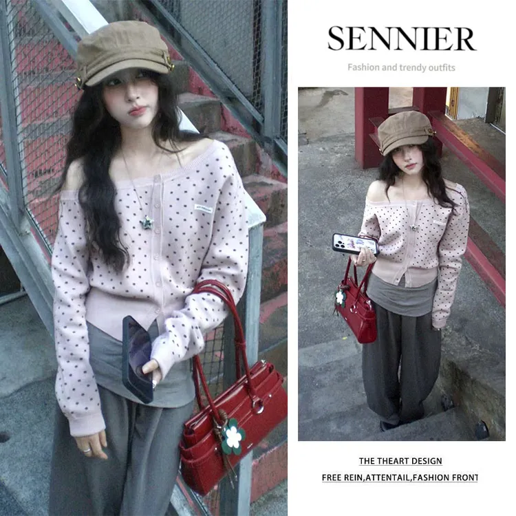 早秋温柔系穿搭女2025新款斜肩波点长袖针织衫阔腿休闲裤两件套装