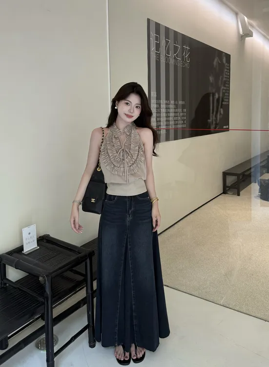 【罗马情诗】夏季复古港风气质百搭高腰显瘦A字板百褶裙牛仔半身裙