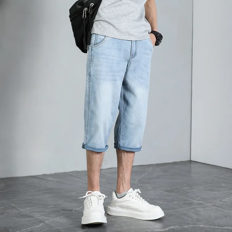 夏季系皮带款七分裤短裤薄款男牛仔八分裤潮流宽松百搭直筒男裤子