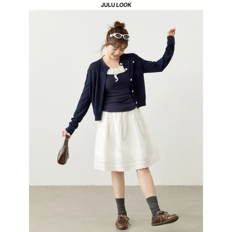 巨鹿工作室“时髦堆叠”微胖mm花边长袖开衫/假两件吊带大码套装