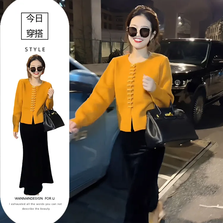 时尚新中式复古盘扣显瘦针织开衫上衣搭配修身半身裙秋季穿搭套装