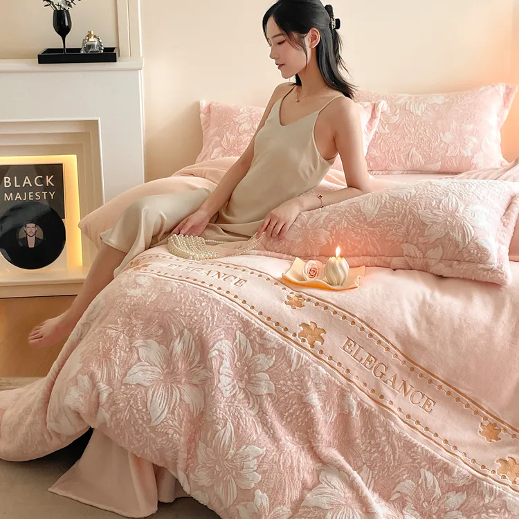 水星家纺 内购会新款A类高克重兔毛烂花牛奶绒绣花四件套防静电