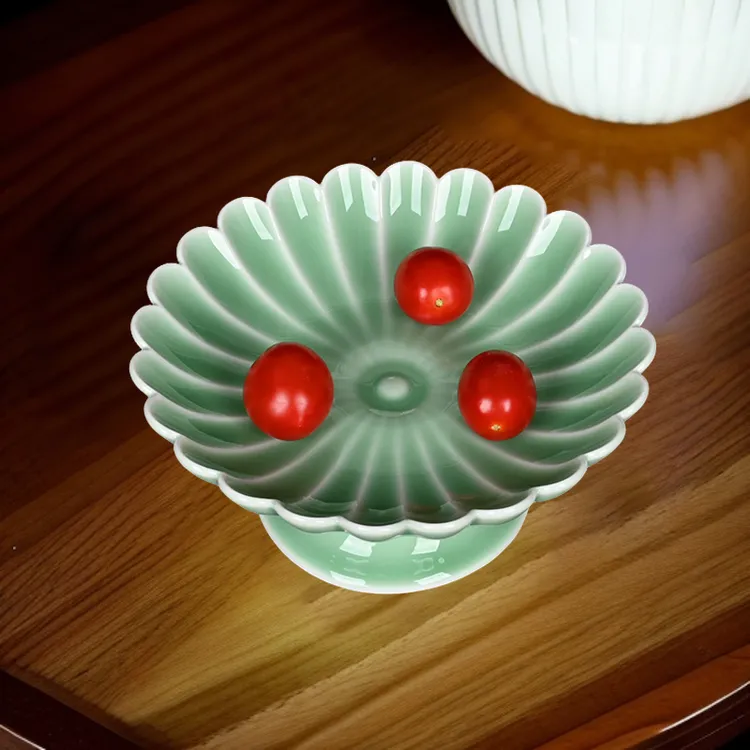 精品青瓷莲瓣高脚果盘家用水果盘零食盘陶瓷干果盘供盘茶室茶点盘
