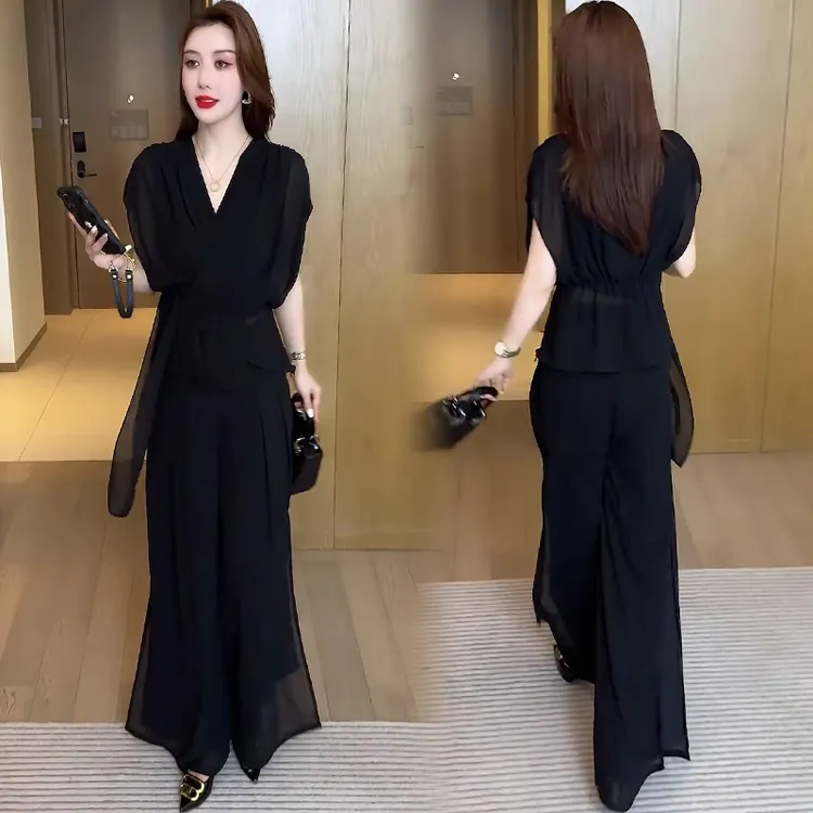 时尚夏装套装女夏季新款洋气减龄显瘦遮肉无袖上衣阔腿裤两件套