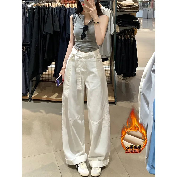 纯白调性飘带休闲加绒阔腿牛仔裤女2025冬季新款高腰显瘦垂感长裤