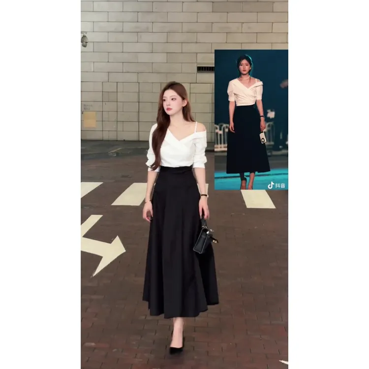 MARIE.COCO许研同款白色一字领露肩百搭上衣女秋季新款高腰半身裙