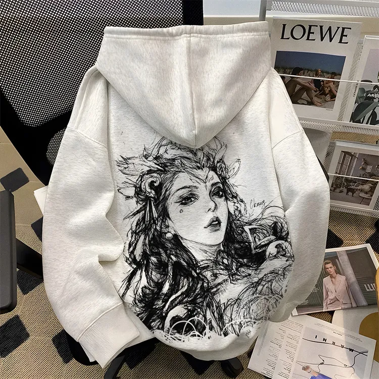 重磅500克加绒加厚连帽卫衣宽松高街文艺人物双层帽秋冬潮牌男装R