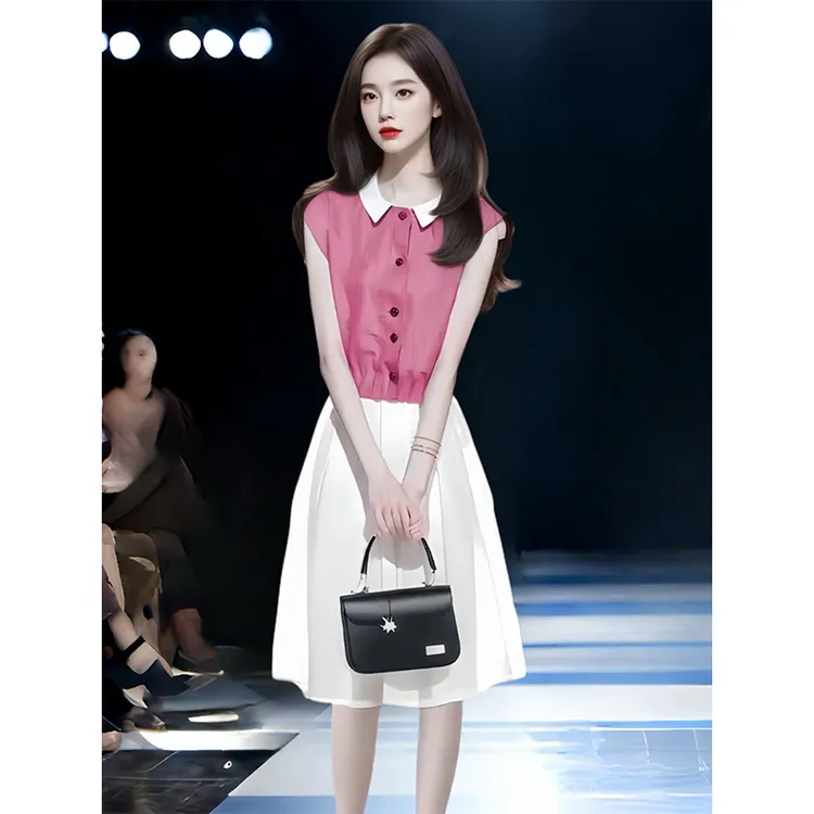 茶歇法式气质穿搭玫红衬衫半身裙夏季2025新款高级感小个子套装裙