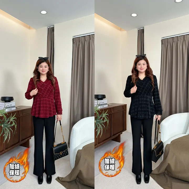 【上新上衣】PDM22658秋冬新款洋气显瘦蕾丝裙摆加绒上衣大码女装