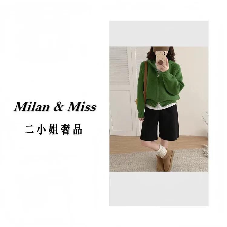 韩系休闲波浪纹双拉链连帽毛衣外套女秋冬宽松显瘦加厚针织开衫潮