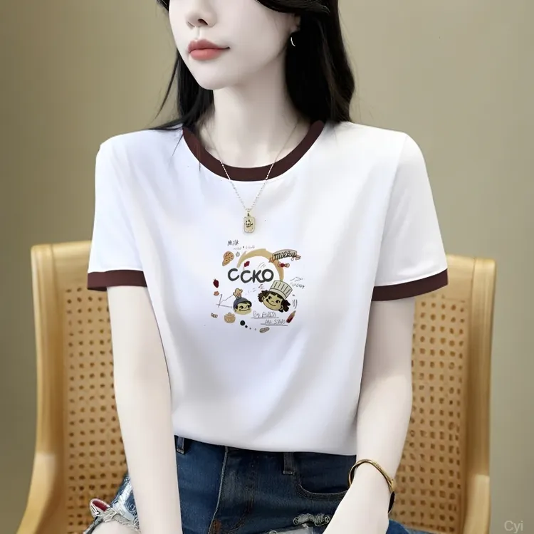 纯棉夏季宽松字母短款T恤上衣轻职风圆领洋气休闲短袖t恤印花显瘦