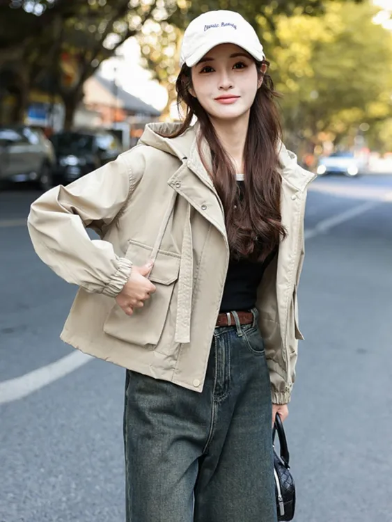 新款百搭2025街头风春秋女短款连帽女款短外套显瘦秋冬休闲时尚