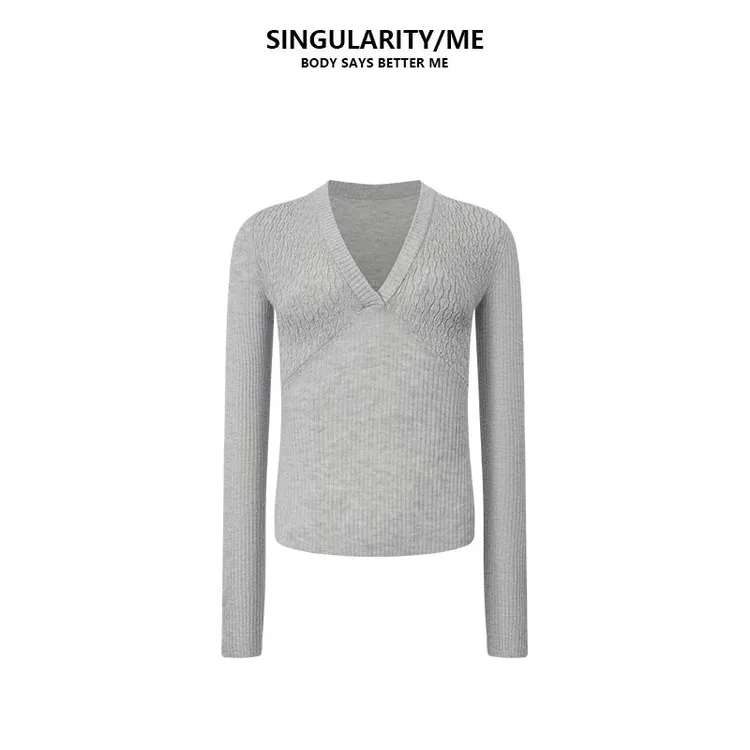 Singularity Me 12A 12575 深V领性感弹力显瘦短款套头针织衫上衣