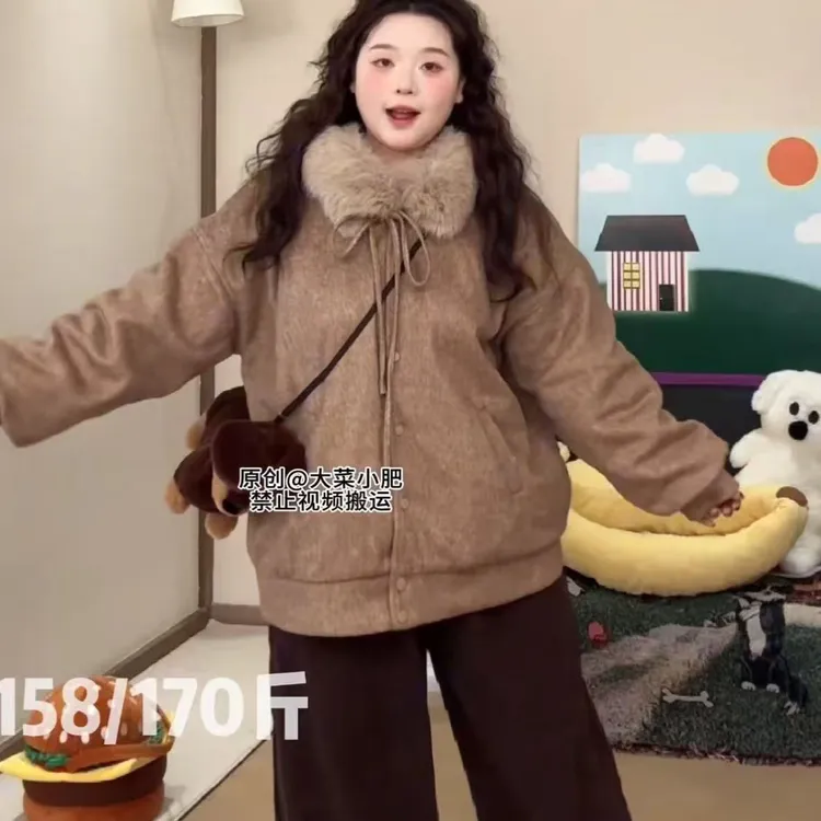 ［小肥打板定制］连帽厚款毛呢慵懒风针织女常规款大码短外套99915