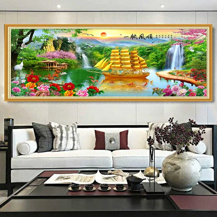 一帆风顺山水画客厅沙发背景墙装饰画书房自粘风景画