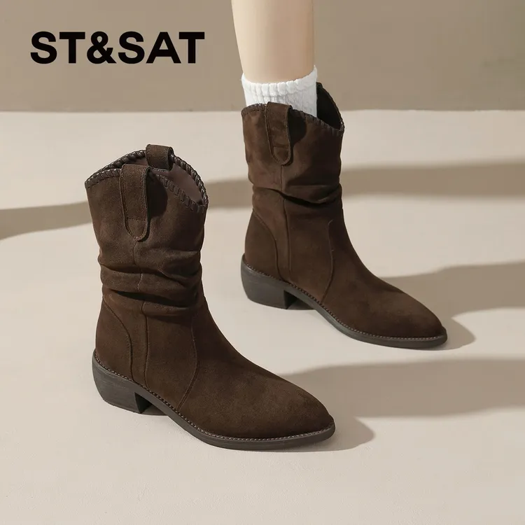 星期六复古靴子女款爆款2025新款秋冬褶皱堆堆靴厚底粗跟马丁靴女