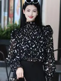 【商场同款】2025秋季新款高级感半高领荷叶边印花温柔气质长袖衬衫