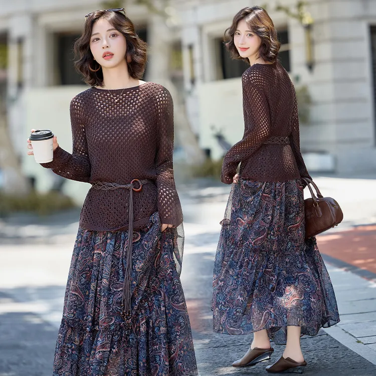 复古港风镂空针织罩衫套装女2025春秋新款高级感碎花半身裙两件套