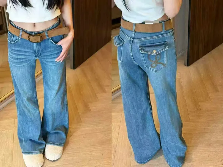 曼曼【藏肉神裤~ 】加绒宽松直筒阔腿牛仔裤（无腰带）Z1619#