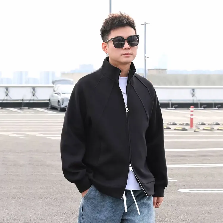 Q弹空气层重磅加绒加厚双拉链卫衣男款时尚宽松运动拼接立领外套