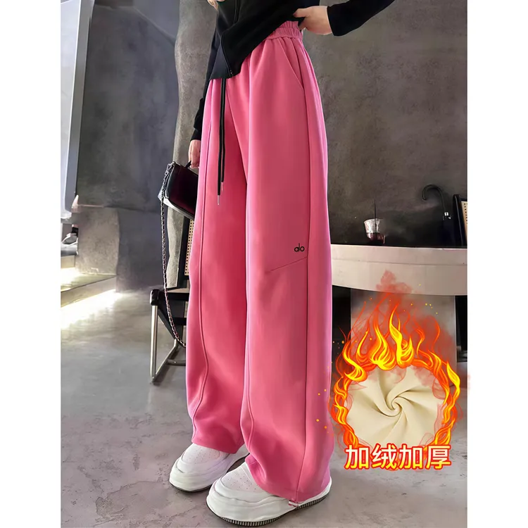 2025冬季新款加绒加厚高腰休闲阔腿裤女字母刺绣保暖宽松直筒裤女