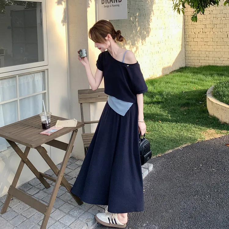 藏青色露肩套装裙女2025夏季新款纯欲韩系风罩衫吊带半身裙三件套