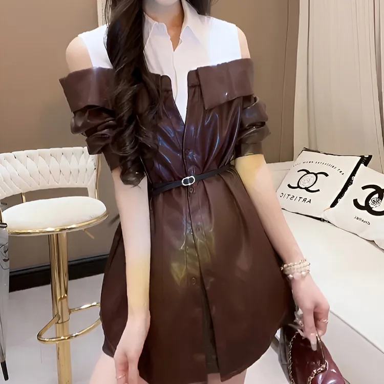 时尚套装女春秋新款欧货露肩设计长袖衬衫拼色上衣休闲裙裤两件套