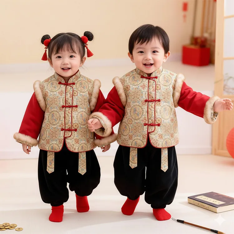 周岁男童礼服冬装加绒加厚款刺绣印花冬季唐装加绒女童拜年服汉服