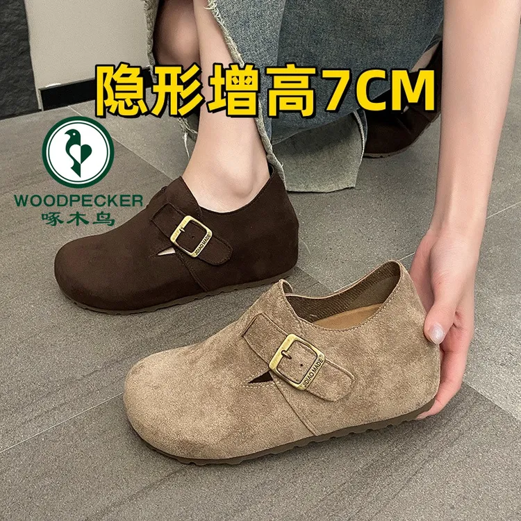 啄木鸟小个子内增高7CM~勃肯鞋2025秋季新款懒人一脚蹬豆豆鞋单鞋