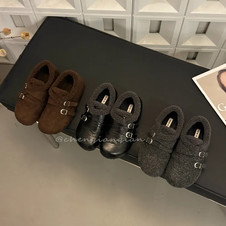 复古搭扣内增高保暖毛毛鞋女2025秋冬新款灰色毛呢懒人一脚蹬棉鞋