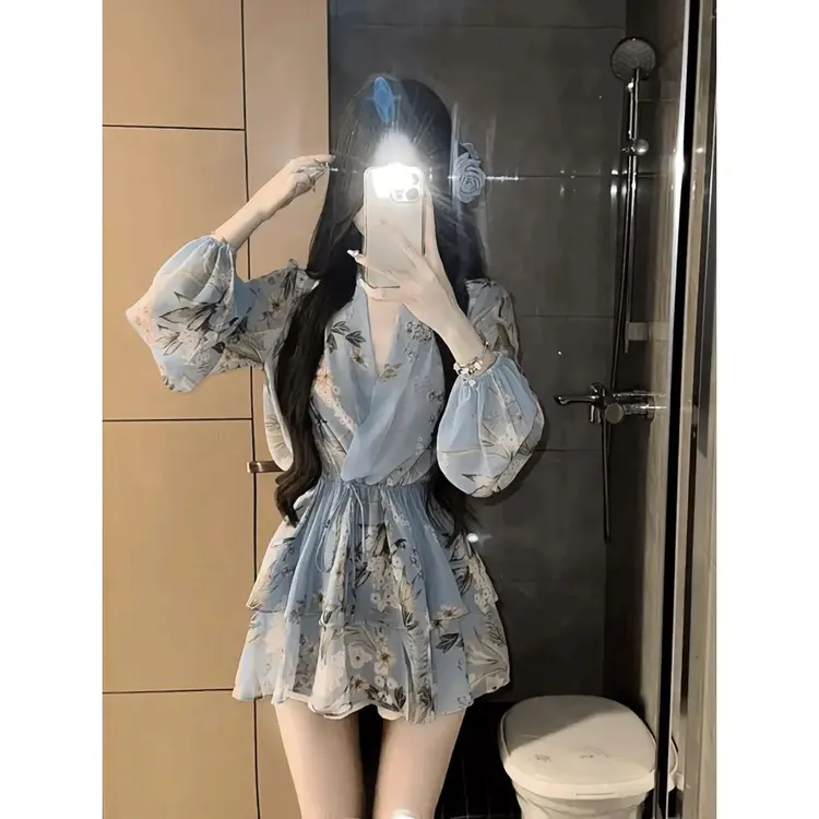 法式碎花领长袖雪纺连衣裙女装夏季辣妹气质修身显瘦仙女裙短裙