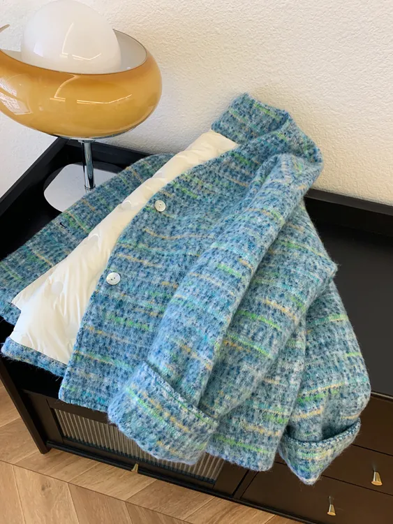 蓝色粗花呢小香风加厚短款外套女秋冬新款法式名媛气质高级感上衣