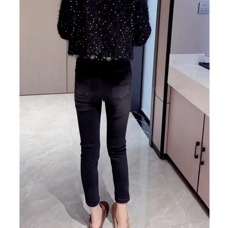 黑灰高腰弹力小脚牛仔裤女秋季2025新款修身显瘦小个子九分铅笔裤