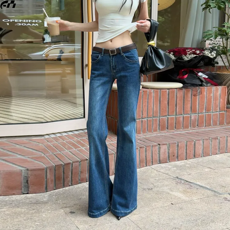 大码美式蓝色蓝宽松牛仔裤女夏季高腰微喇马蹄直筒显瘦阔腿长裤子