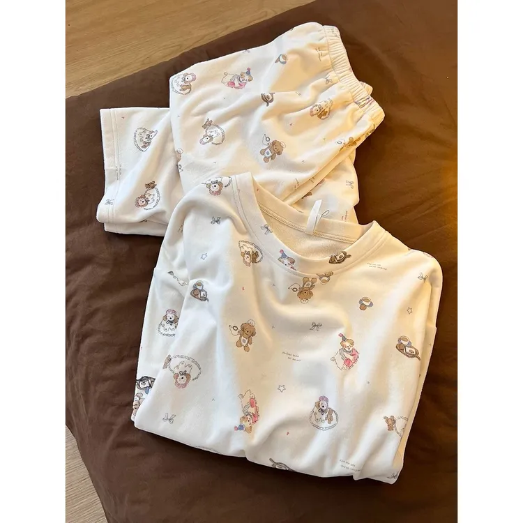 韩版可爱卡通小熊印花德绒睡衣女冬季亲肤保暖休闲居家套装可外穿