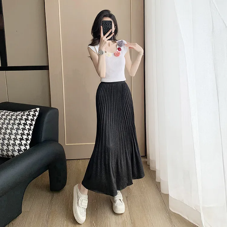 设计感立体重工花朵无袖上衣女夏新针织衫褶皱半身裙中长款鱼尾裙
