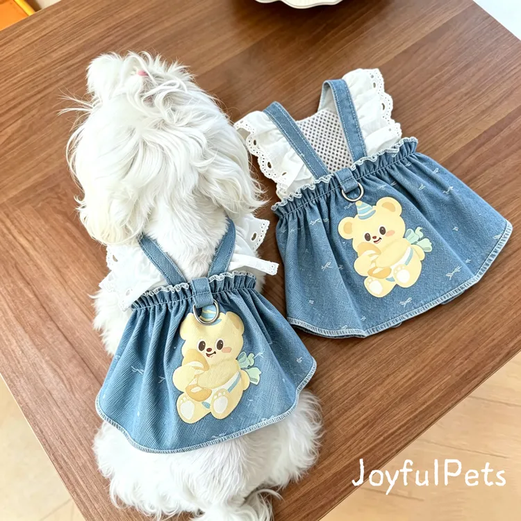 宠物服饰黄油小熊牛仔裙春夏薄款牛仔蕾丝狗狗猫咪公主裙可牵引