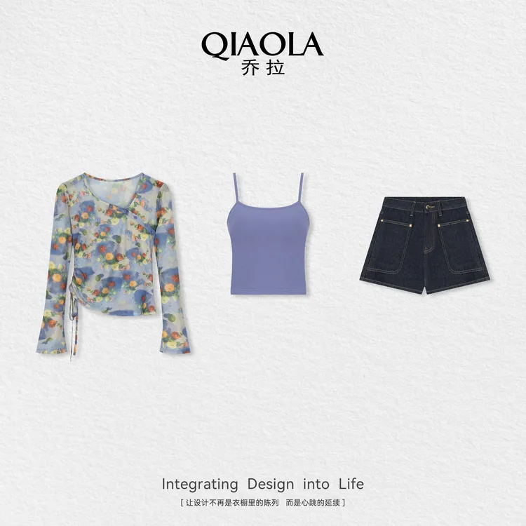 QIAOLA/乔拉【梵高之梦】夏长袖衬衫牛仔短裤百搭显瘦时尚套装预售