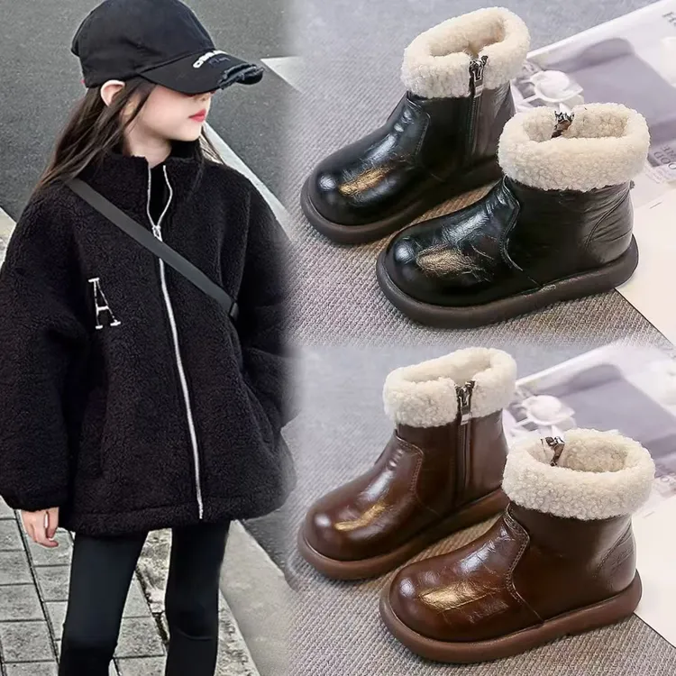 ABC 女童靴子儿童马丁靴2025秋冬季新款加绒棉鞋小女孩短靴雪地靴