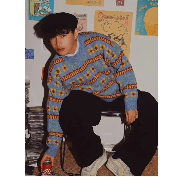 麻花印花男款日系潮流加厚宽松圆领线衣外套潮牌ins秋冬季针织衫