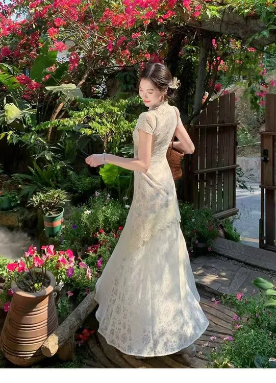 新中式小个子旗袍拼接立领泡泡袖碎花双襟镂空复古女连衣裙