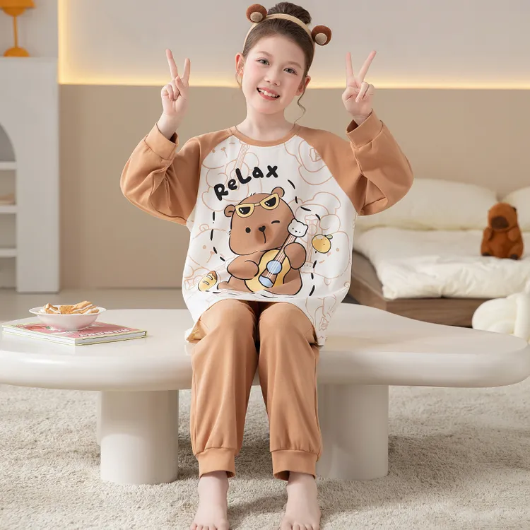 女童秋款睡衣套装2025新款卡皮巴拉儿童春秋季纯棉长袖长裤家居服