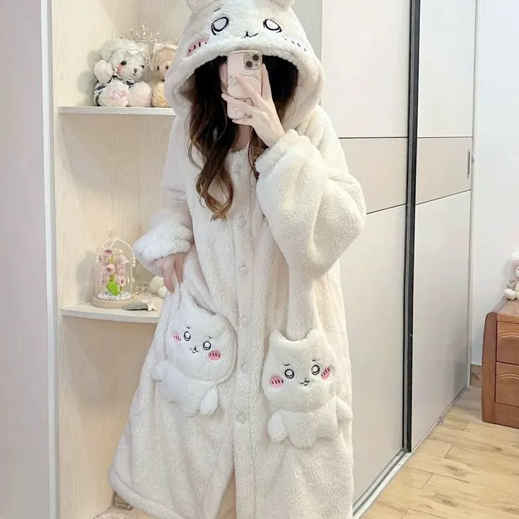 【初沁枫】吉伊卡哇连帽睡衣女珊瑚绒可爱风加厚保暖睡袍家居服套装