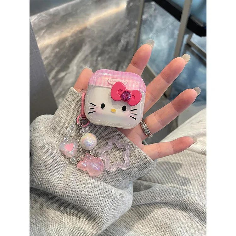 日韩粉格纹拼接蝴蝶结Kitty猫适用苹果无线蓝牙AirPodsPro耳机壳