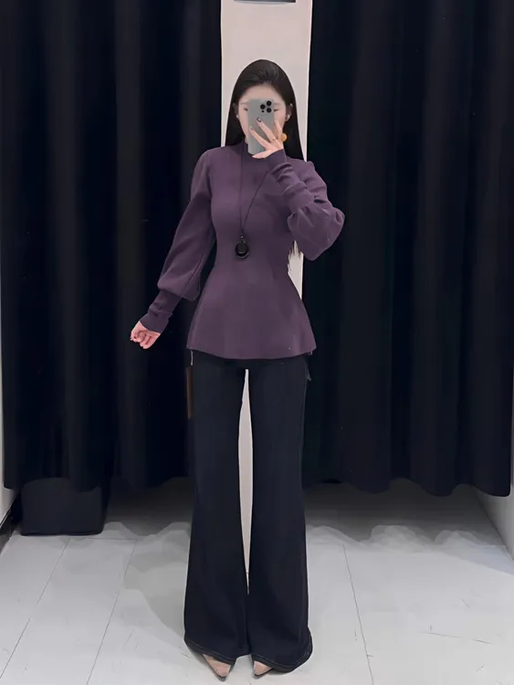 设计感纯欲加厚毛衣新款半高领灯笼袖针织衫上衣百搭上衣女I9-11