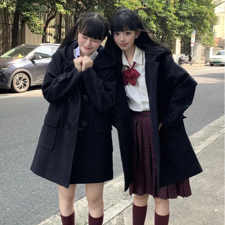 秋柚语原创jk毛呢外套女小个子秋冬绀色牛角扣夹棉毛呢大衣学院风