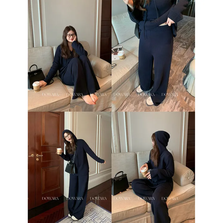 现货大婉酱微胖定制【冬季纸片人】连帽毛衣针织休闲裤套装 0545D