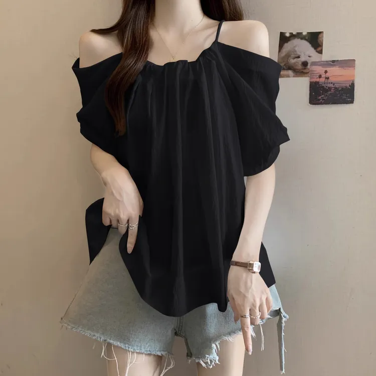 大码女装设计感一字肩花苞短袖衬衫女微胖MM百搭显瘦减龄小衫上衣